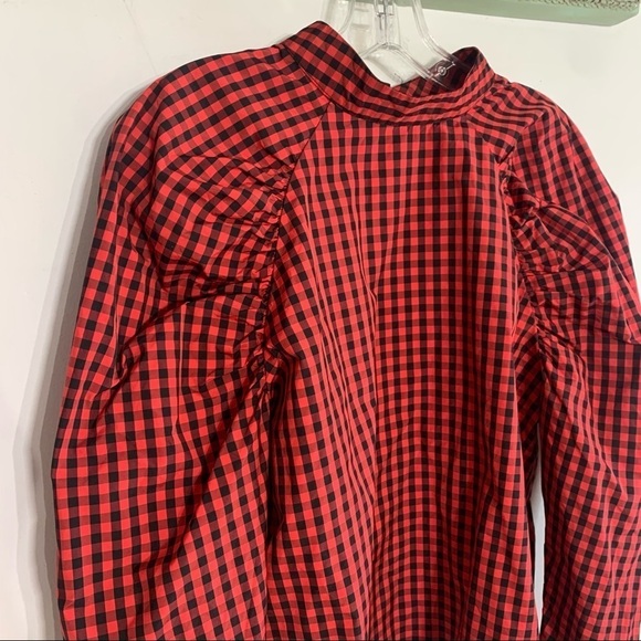 H&M red black checkered print puff long sleeve shirt medium blouse mock neck - Picture 3 of 9